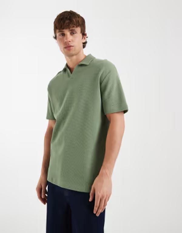 エイソス メンズ トップス ポロシャツ ASOS DESIGN relaxed camp collar polo in light green waffle Sea spray グリーン