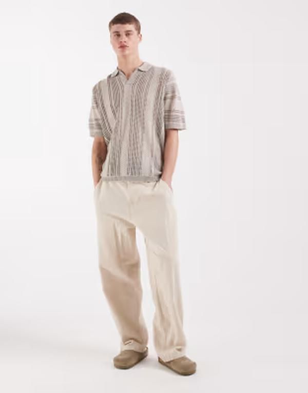 エイソス メンズ トップス ポロシャツ ニット ASOS DESIGN relaxed short sleeve knit crochet notch neck polo Gray グレー
