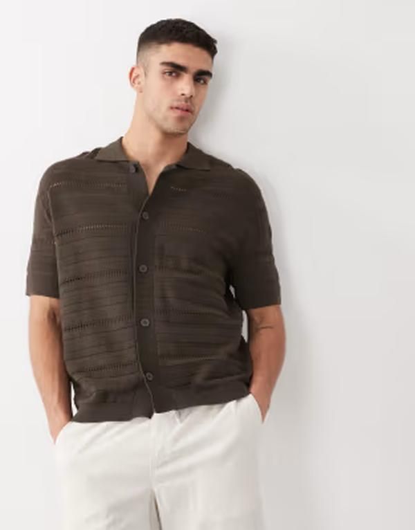 セレクティッド メンズ トップス ポロシャツ ニット Selected knit crochet polo Delicioso ブラウン