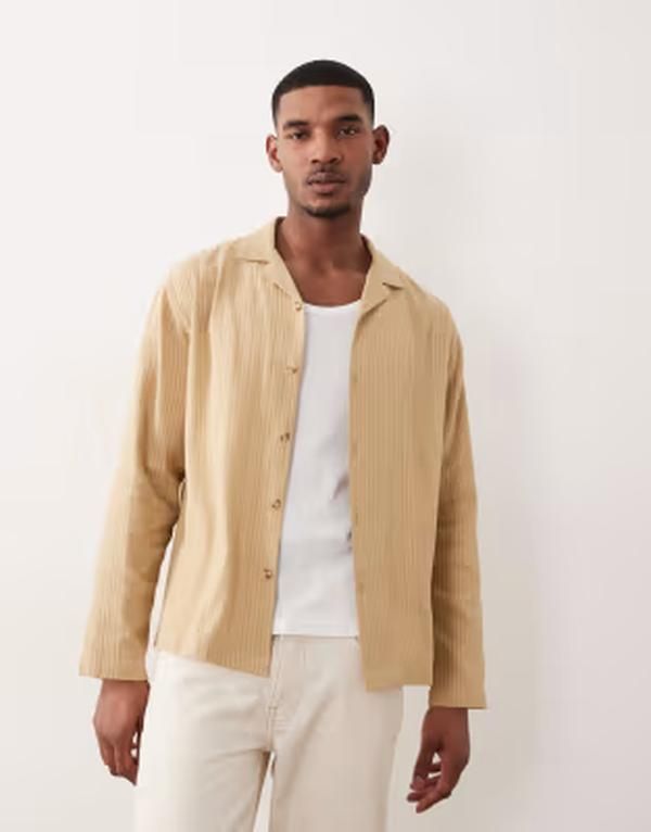 エイソス メンズ トップス シャツ ASOS DESIGN relaxed camp collar striped jacquard shirt in yellow イエロー