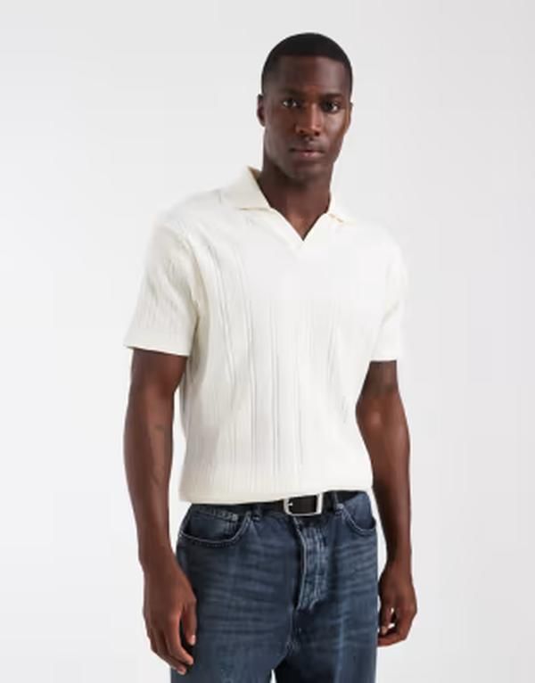 エイソス メンズ トップス ポロシャツ リブニット スリムフィット ニット ASOS DESIGN slim fit notch neck polo shirt in cream rib knit Coconut milk クリーム