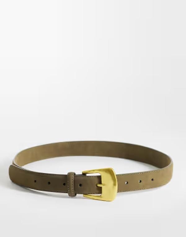 エイソス レディース アクセサリー ベルト スエード ジーンズ ASOS DESIGN faux suede waist and hip jeans hammered square buckle belt Khaki カーキ
