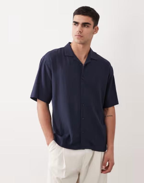 スリードベア メンズ トップス シャツ リラックスフィット リネン Threadbarelaxed fit linen mix short sleeve shirt NAVY ネイビー