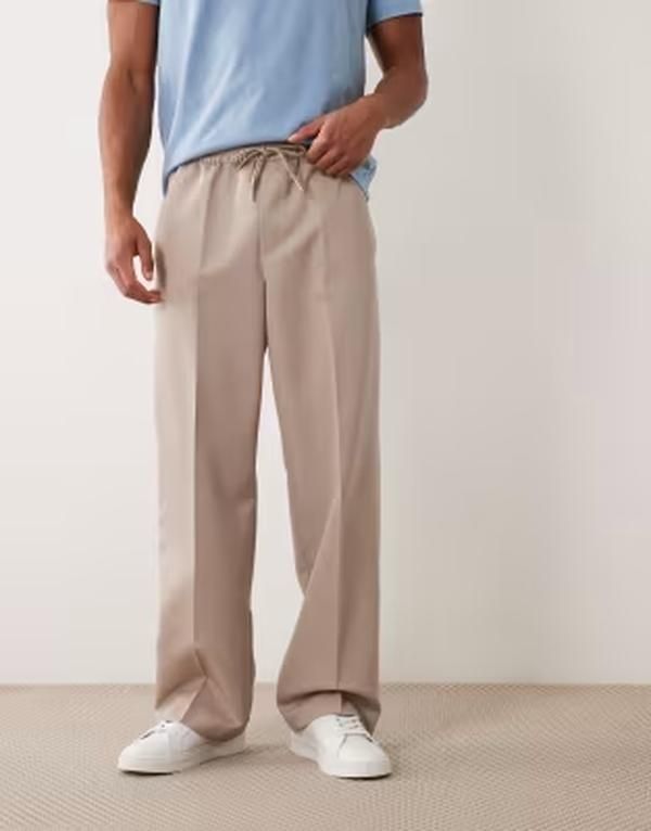 エイソス メンズ ボトムス カジュアルパンツ ワイドレッグ ASOS DESIGN smart pullon wide leg pants in stone ストーン 14,026円