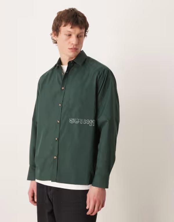 エイソス メンズ トップス シャツ プリント ASOS DESIGN oversized shirt with front print in dark GREEN グリーン