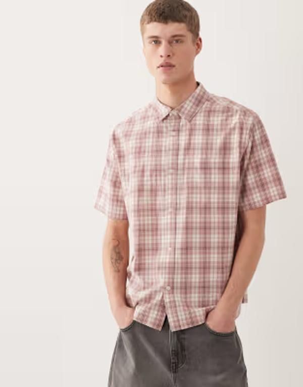 エイソス メンズ トップス シャツ ASOS DESIGN relaxed plaid shirt PINK ピンク 11,186円