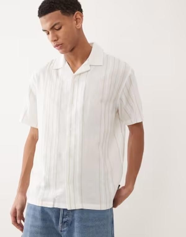 ジャック アンド ジョーンズ メンズ トップス シャツ リネン Jack Jones Premium linen blend short sleeve shirt with green stripes Cloudancer ホワイト