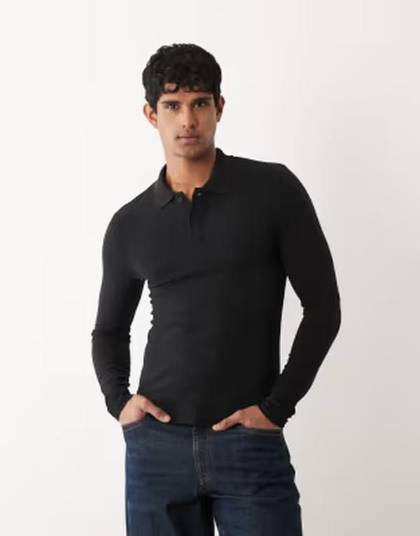 エイソス メンズ トップス ポロシャツ ASOS DESIGN Essentials muscle fit long sleeve polo pique Black ブラック