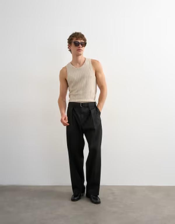トップマン メンズ ボトムス カジュアルパンツ ワイドレッグ Topman wide leg belted twill pants Black ブラック