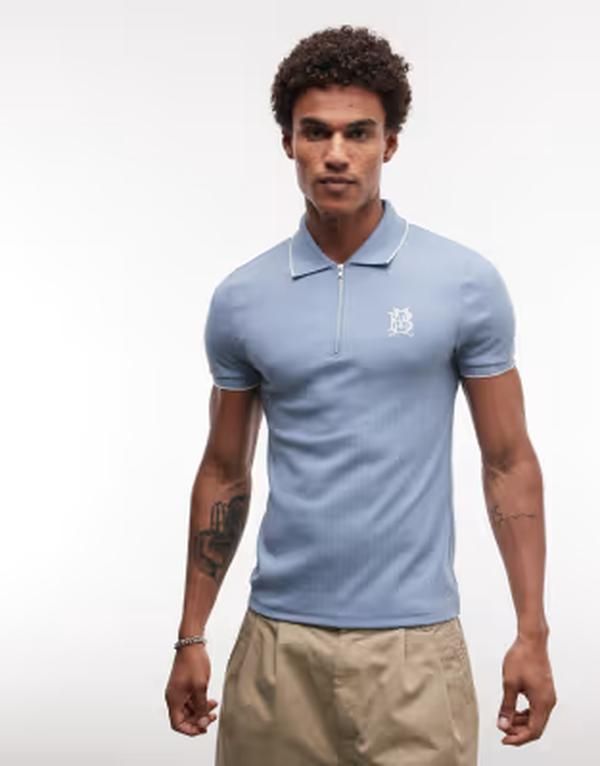 エイソス メンズ トップス ポロシャツ リブ ASOS DESIGN heavyweight muscle polo withigh build embroidery ribbed fabric WINDWARD BLUE ブルー