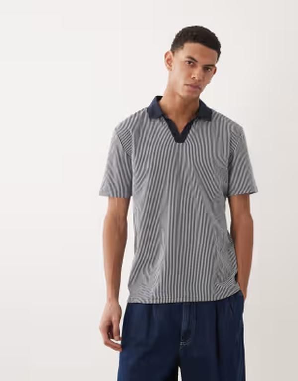 ブレーブソウル メンズ トップス ポロシャツ Brave Soul short sleeve polo top and ecru stripe NAVY ネイビー