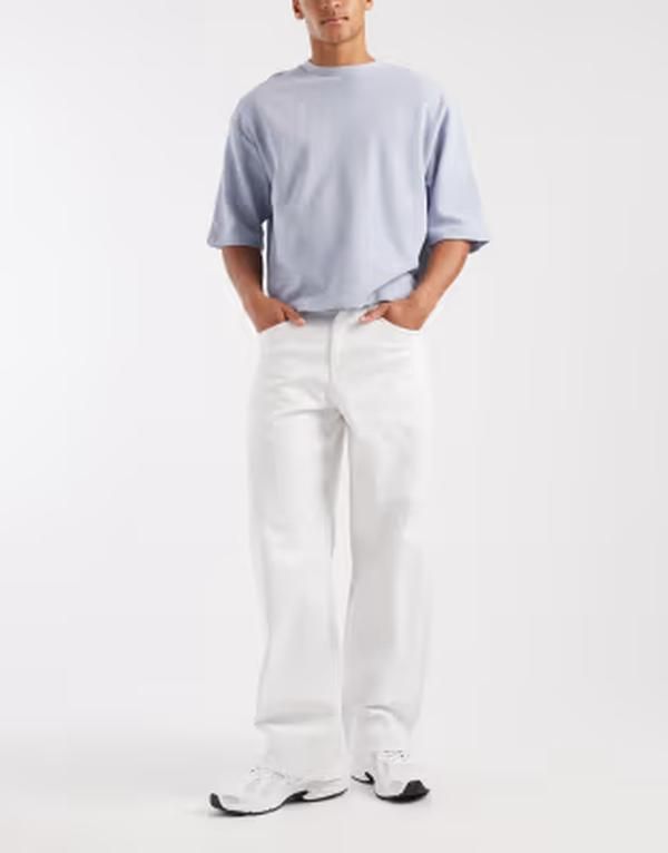 エイソス メンズ ボトムス デニムパンツ コントラスト ジーンズ ASOS DESIGN baggy jeans with contrastitch WHITE ホワイト