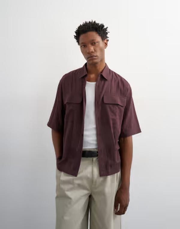 トップマン メンズ トップス シャツ リラックスフィット シアー Topman relaxed fit crop sheeripstop short sleeve shirt BROWN ブラウン