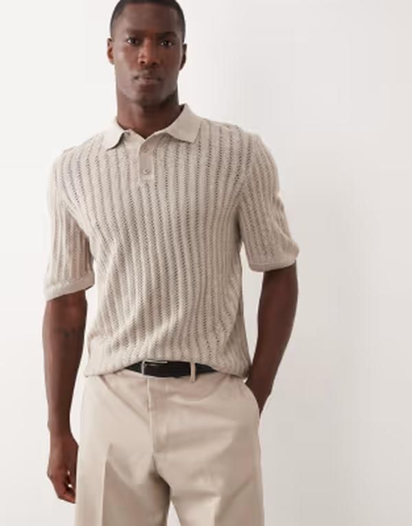 エイソス メンズ トップス ポロシャツ ニット ASOS DESIGN knit pointelle stitch button polo in stone ストーン