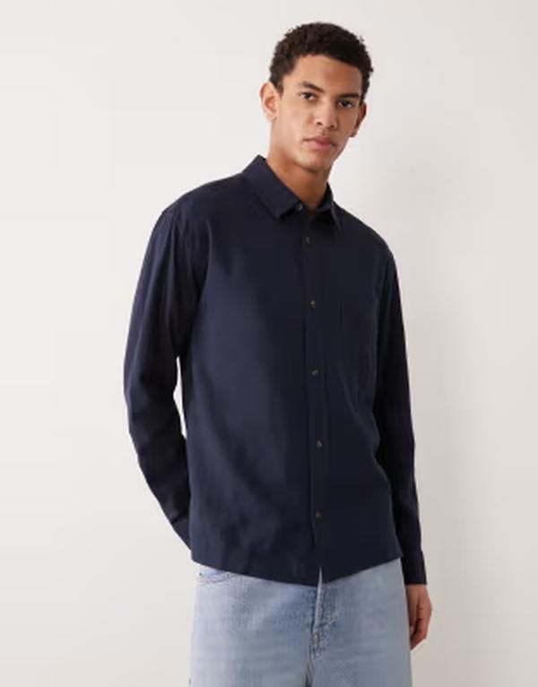 エイソス メンズ トップス シャツ リネン ASOS DESIGN relaxed linen blend shirt part of a set NAVY ネイビー