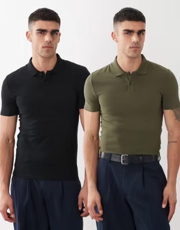 エイソス メンズ トップス ポロシャツ ASOS DESIGN Essentials 2 pack muscle fit polos and khaki pique Blackkhaki ブラック