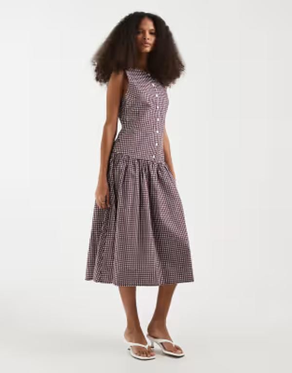 モーテル レディース トップス ワンピース ギンガムチェック ミディ ギンガム Motel Miriam dropped waist button detailing midi dress in wine gingham PURPLE パープル