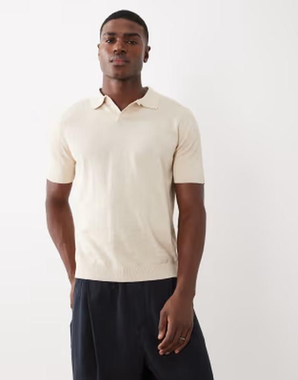 セレクティッド メンズ トップス ポロシャツ リネン Selected split neck polo linen blend in cream Oatmeal オートミール