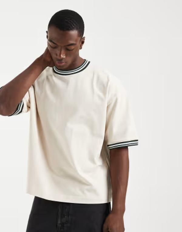 エイソス メンズ トップス Tシャツ コントラスト ASOS DESIGN boxy oversized Tshirt with contrastrim Rainy day ベージュ