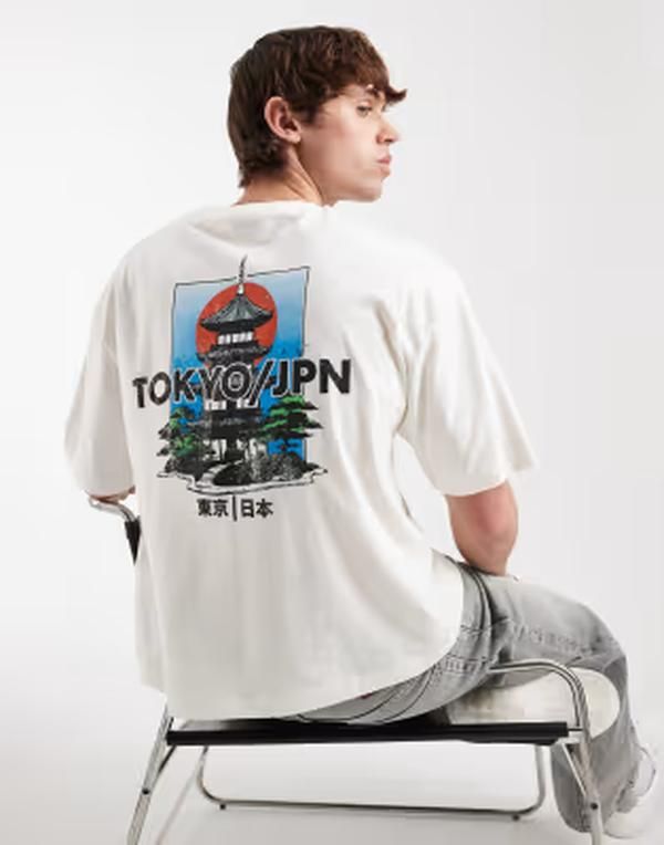 エイソス メンズ トップス Tシャツ プリント ASOS DESIGN boxy oversized tshirt with Japan print Coconut milk オフホワイト