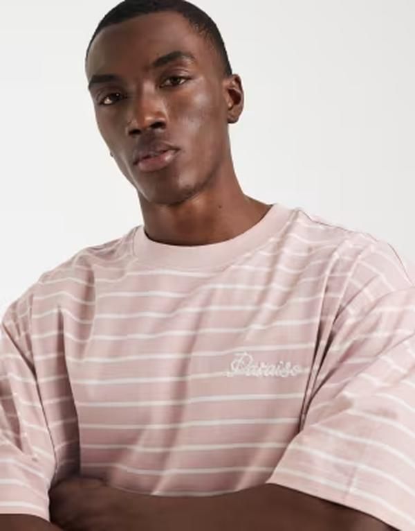 エイソス メンズ トップス Tシャツ ASOS DESIGN oversized Tshirt with embroidery stripe Pink Stripe ピンク