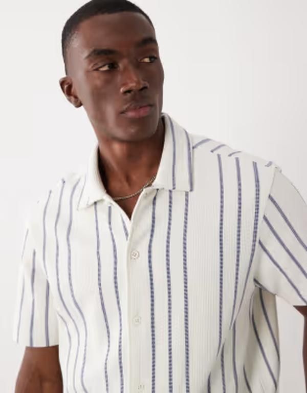 スリードベア メンズ トップス シャツ Threadbare textured heavyweight short sleeve shirt and ecru stripes ECRU エクリュ