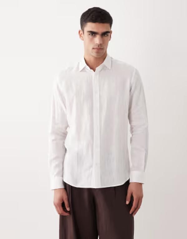 マンゴ メンズ トップス シャツ リネン Mango 100 linen long sleeve shirt WHITE ホワイト