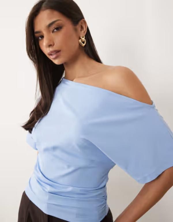 エイソス レディース トップス Tシャツ ウエストマーク ASOS DESIGN fallen shoulder cinched waistop in light BLUE ブルー