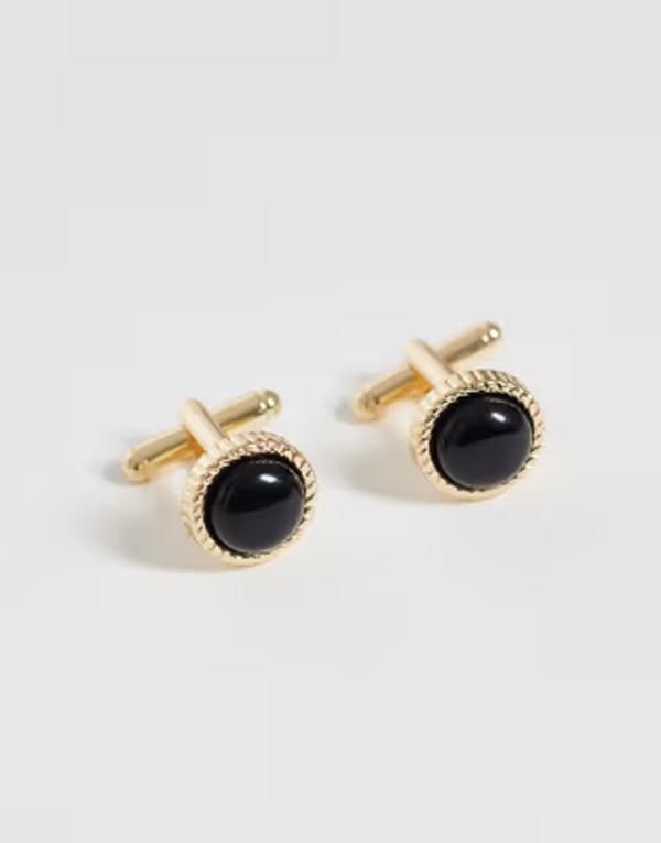 エイソス メンズ アクセサリー カフスボタン ASOS DESIGN ropedge texture semi precious onyx stone cufflinks GOLD ゴールド