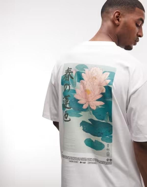 エイソス メンズ トップス Tシャツ フラワー柄 フラワー グラフィック ASOS DESIGN oversized tshirt with floral graphic WHITE ホワイト