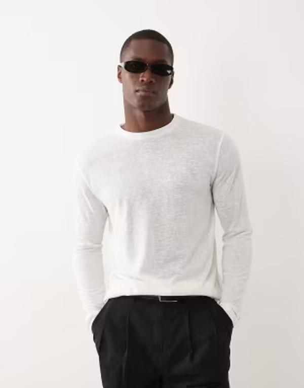 エイソス メンズ トップス Tシャツ レギュラーフィット リネン ASOS DESIGN regular fit long sleeve tshirt in cream linen look Coconut milk クリーム