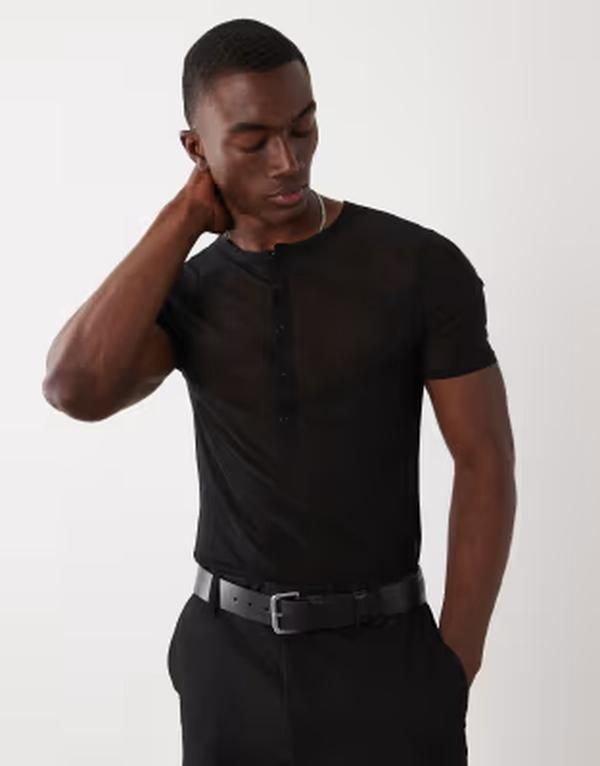 エイソス メンズ トップス Tシャツ メッシュ ASOS DESIGN muscle henley Tshirt mesh Black ブラック
