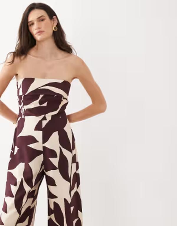 マンゴ レディース トップス ジャンプスーツ プリント Mangoff shoulder jumpsuit and cream leaf print BROWN ブラウン