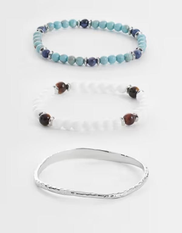 エイソス メンズ アクセサリー ブレスレット・バングル・アンクレット ASOS DESIGN 3 pack beaded and cuff bracelet SILVER シルバー