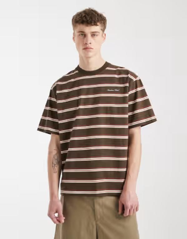 レディファインド レブル メンズ トップス Tシャツ Redefined Rebel Tyler Tshirt in coffee stripe BROWN ブラウン