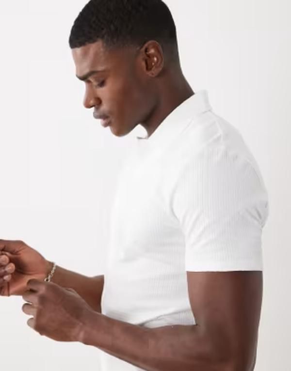 エイソス メンズ トップス ポロシャツ ASOS DESIGN muscle fit camp collar polo seersucker WHITE ホワイト