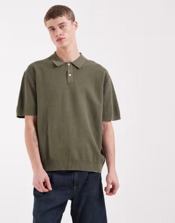 レディファインド レブル メンズ トップス ポロシャツ ニット Redefined Rebel Izan boxy fit short sleeve knit polo in olive GREEN グリーン