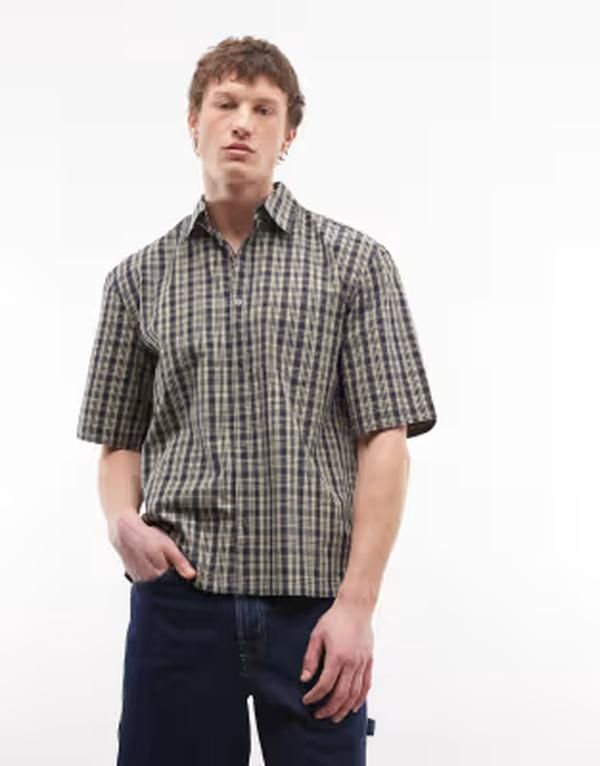 ウィークデイ メンズ トップス シャツ Weekday boxy oversized short sleeve shirt and yellow plaid Navy and yellow ネイビー