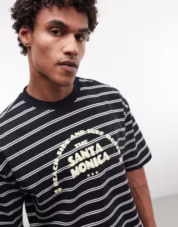 エイソス メンズ トップス Tシャツ プリント ASOS DESIGN boxy oversized Tshirt with puff printext stripe Black stripe ブラック