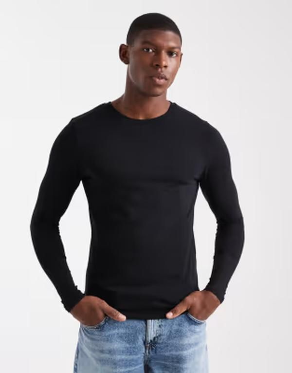 エイソス メンズ トップス Tシャツ ASOS DESIGN essentials muscle fit long sleeve Tshirt Black ブラック 6,614円