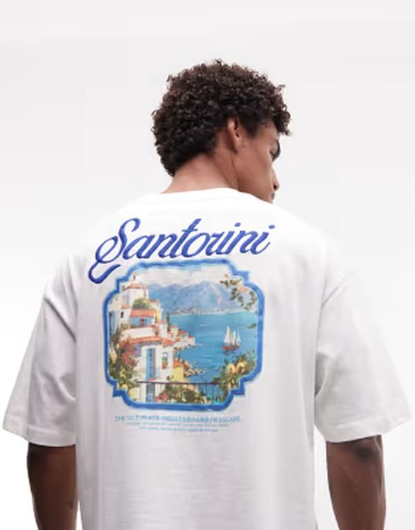エイソス メンズ トップス Tシャツ グラフィック ASOS DESIGN boxy oversized Tshirt with Santorini graphic WHITE ホワイト