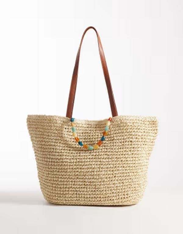 サウスビーチ レディース バッグ South Beach straw tote shoulder bag with beaded top handle NEUTRAL ベージュ