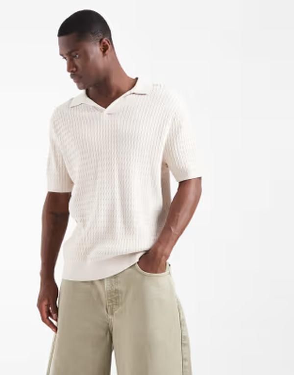 カポ メンズ トップス ポロシャツ CAPO cable twist open collar polo shirt in stone ストーン