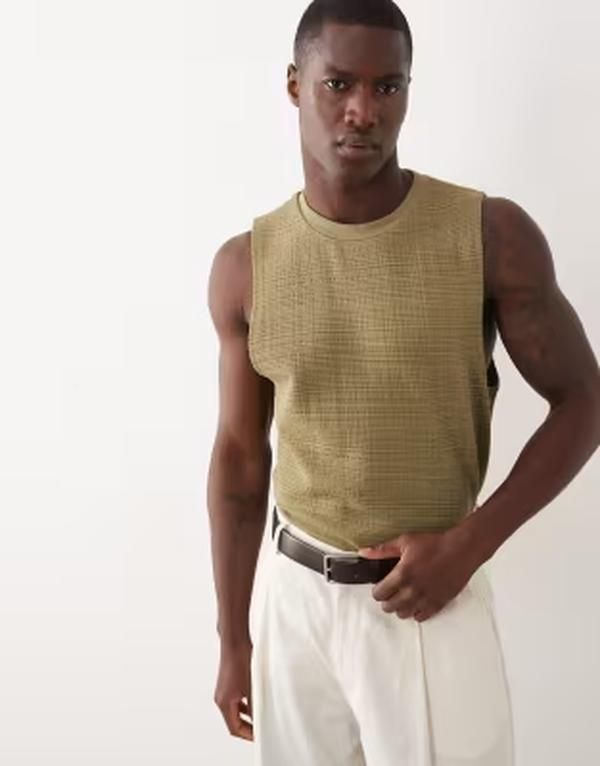 エイソス メンズ トップス ベスト レギュラーフィット ASOS DESIGN heavyweight regular fitank texture Martini olive オリーブ