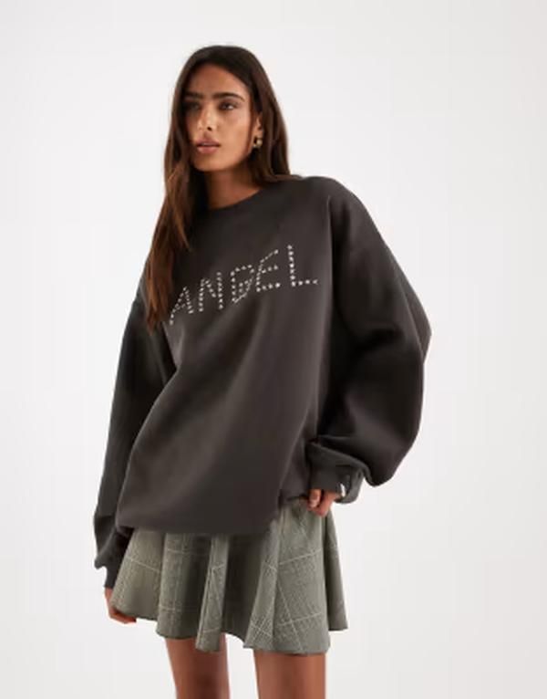 デイジーストリート レディース アウター パーカー・スウェット シャツ グラフィック Daisy Street boxy sweatshirt with Angel graphic in charcoal Black ブラック