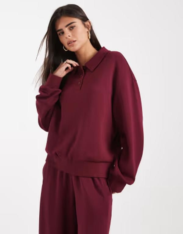 エイソス レディース アウター パーカー・スウェット シャツ ASOS DESIGN softouch cupro henley sweatshirt Burgundy バーガンディ
