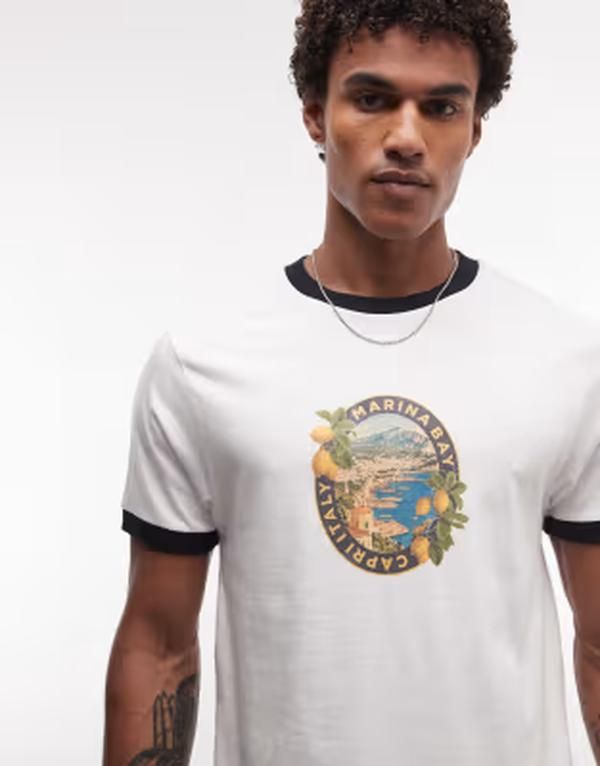 エイソス メンズ トップス Tシャツ レギュラーフィット プリント ASOS DESIGN boxy regular fitshirt with scenic front print WHITE ホワイト