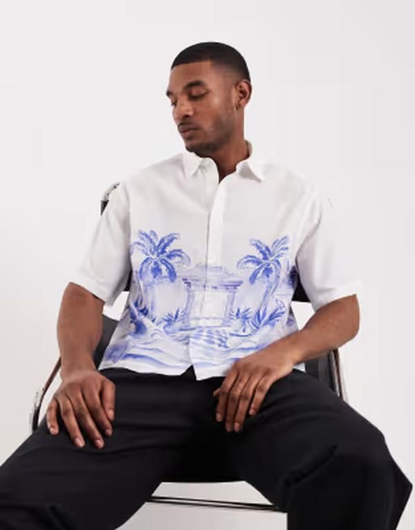 エイソス メンズ トップス シャツ プリント レース リネン ASOS DESIGN boxy oversized shirt with linen and placement print WHITE ホワイト