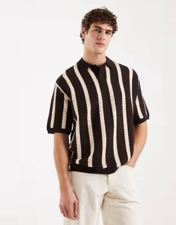 レディファインド レブル メンズ トップス ポロシャツ ニット Redefined Rebel Pau boxy fit short sleeve knit polo shirt with stripes in coffee BROWN ブラウン