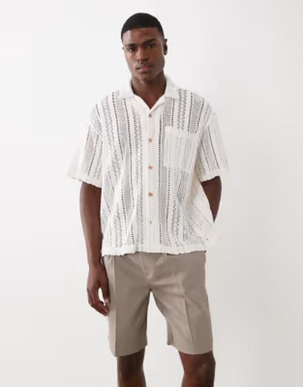エイソス メンズ トップス シャツ ASOS DESIGN oversized crochet camp collar shirt BEIGE ベージュ